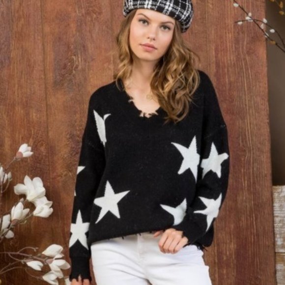 STAR PRINT SWEATER DISTRESSED HEM - BLACK - Picture 3 of 3